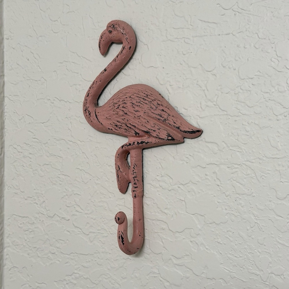 Vintage Pink Flamingo Metal Wall Hook Coat Robe Towel Dog Leash Cast Iron Beachy